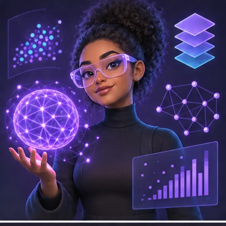 Personnage 3D illustrant une experte Data et intelligence artificielle