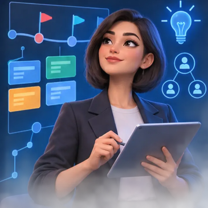 Personnage 3D illustrant une responsable produit et cheffe de projet IT
