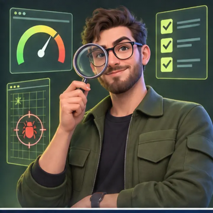 Personnage 3D illustrant un expert SEO technique et qualité logicielle